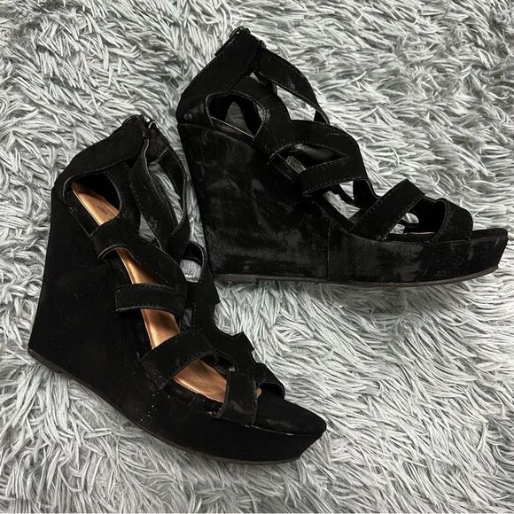 Top Moda Black Open Toe Strappy Wedges Size 8 - Picture 4 of 10